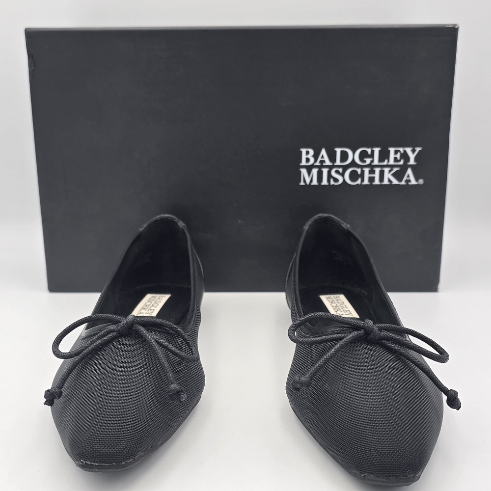 NIB Badgley Mischka Cam Pointed Toe Leather Flats with Bow, Black Mesh, Size 5 - Picture 2 of 14